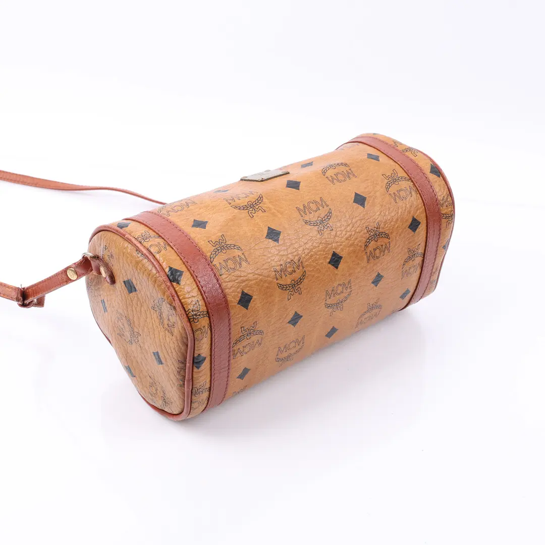 MCM Visetos Barrel Brown Canvas Shoulder Bag