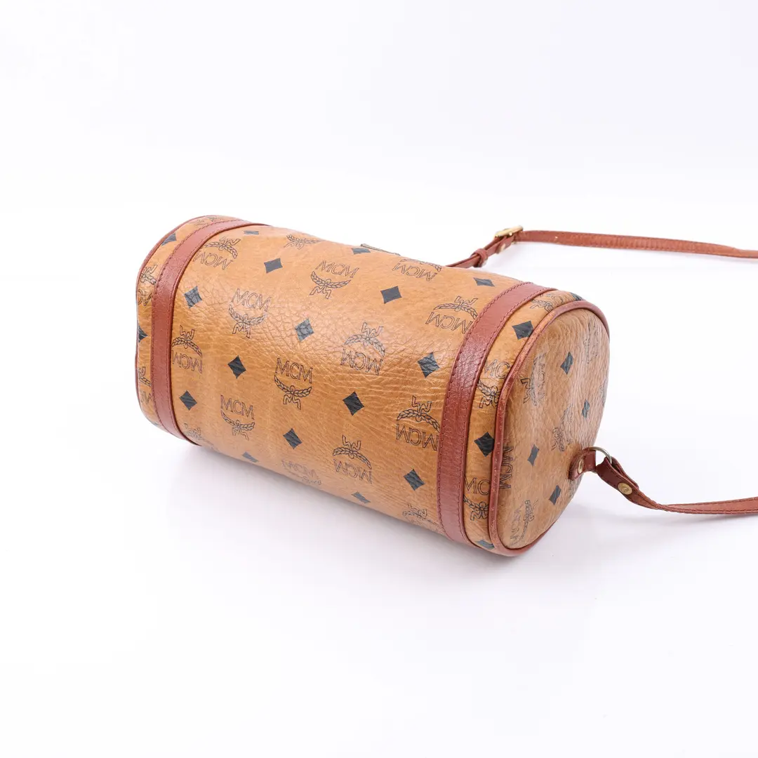 MCM Visetos Barrel Brown Canvas Shoulder Bag
