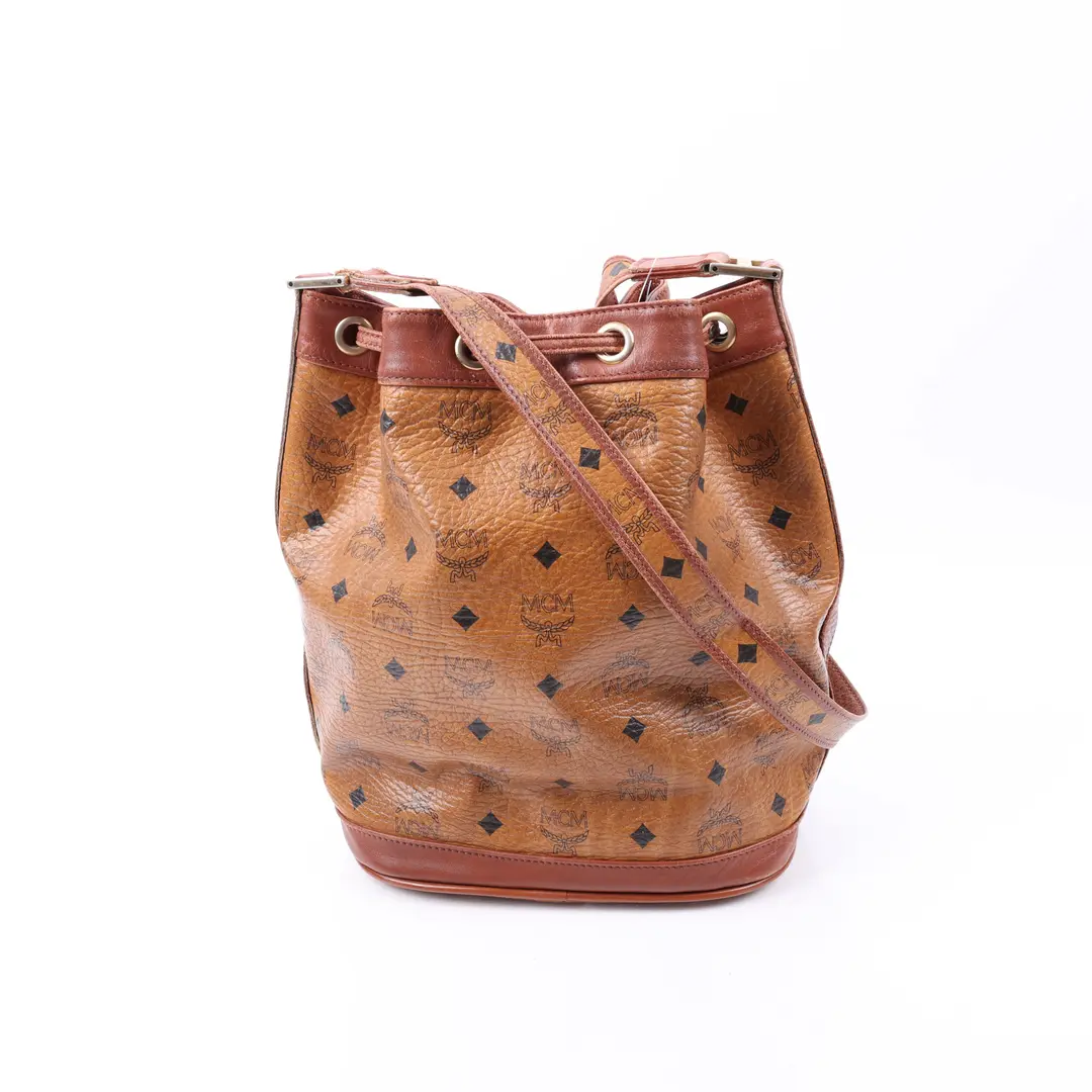 MCM Visetos Drawstring Brown Canvas Bucket Bag