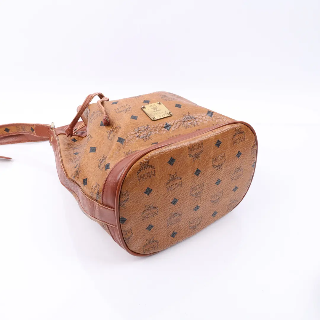 MCM Visetos Drawstring Brown Canvas Bucket Bag
