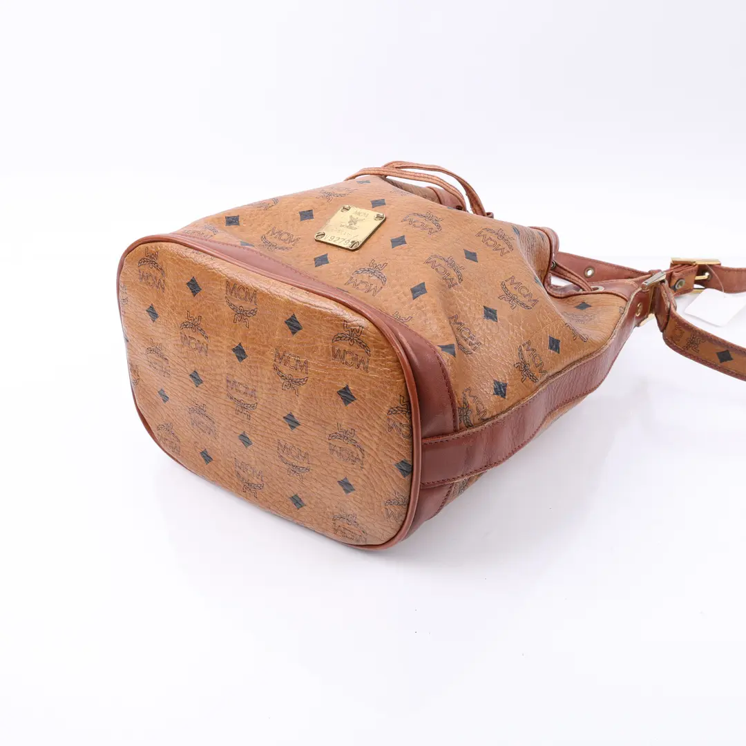 MCM Visetos Drawstring Brown Canvas Bucket Bag