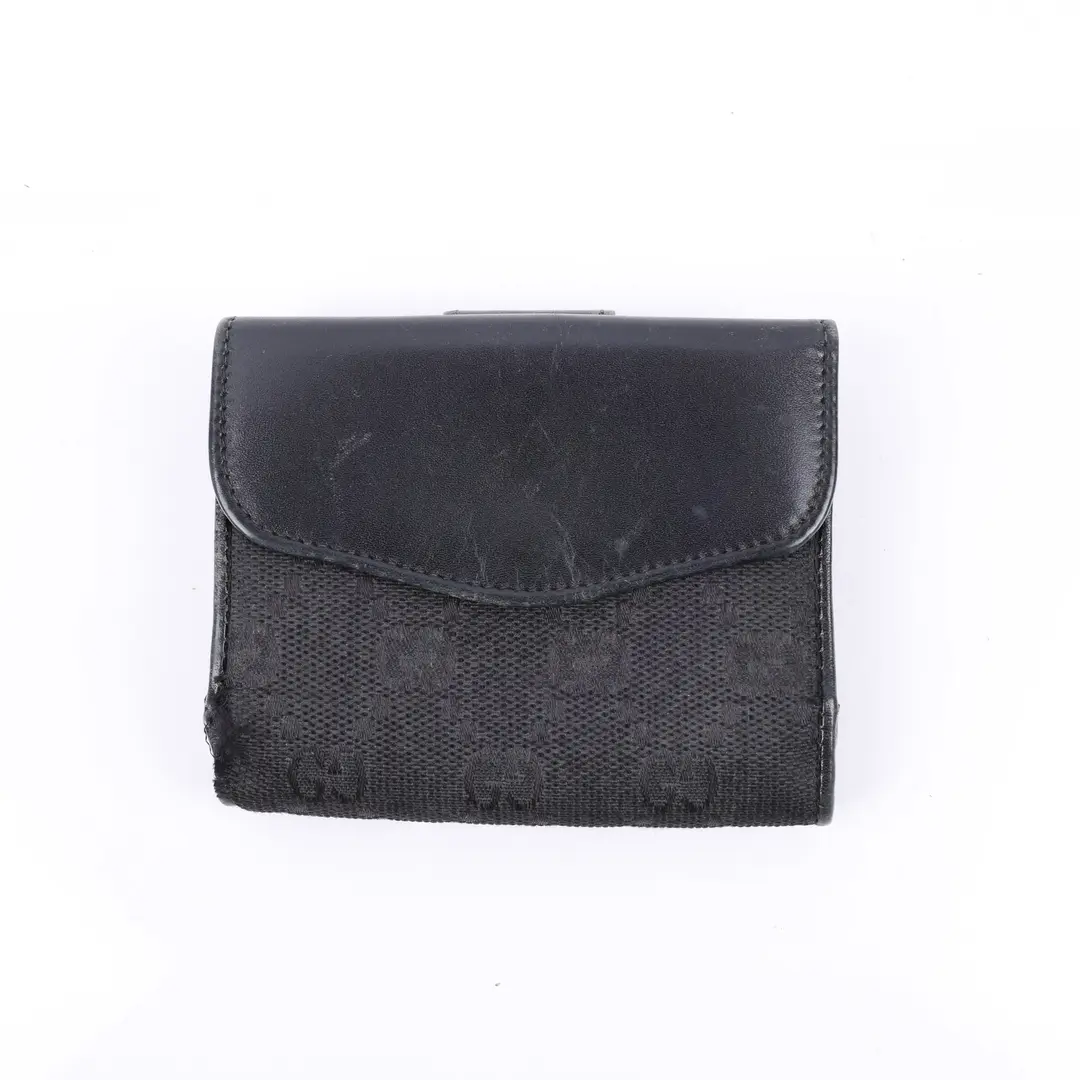 Gucci GG Canvas Black Leather French Wallet