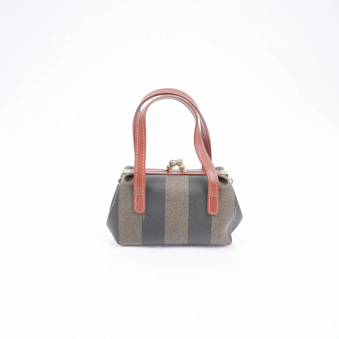 Fendi Pequin Kiss Lock Brown Canvas Mini Bag