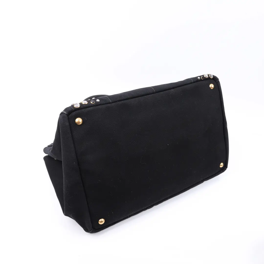 Prada Canapa Black Canvas Studded Tote Bag