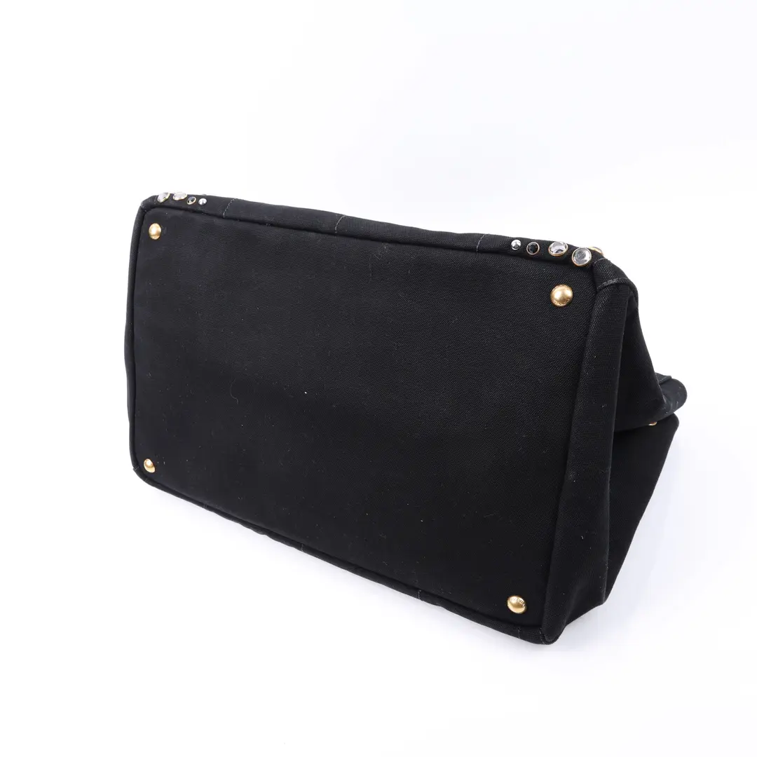 Prada Canapa Black Canvas Studded Tote Bag
