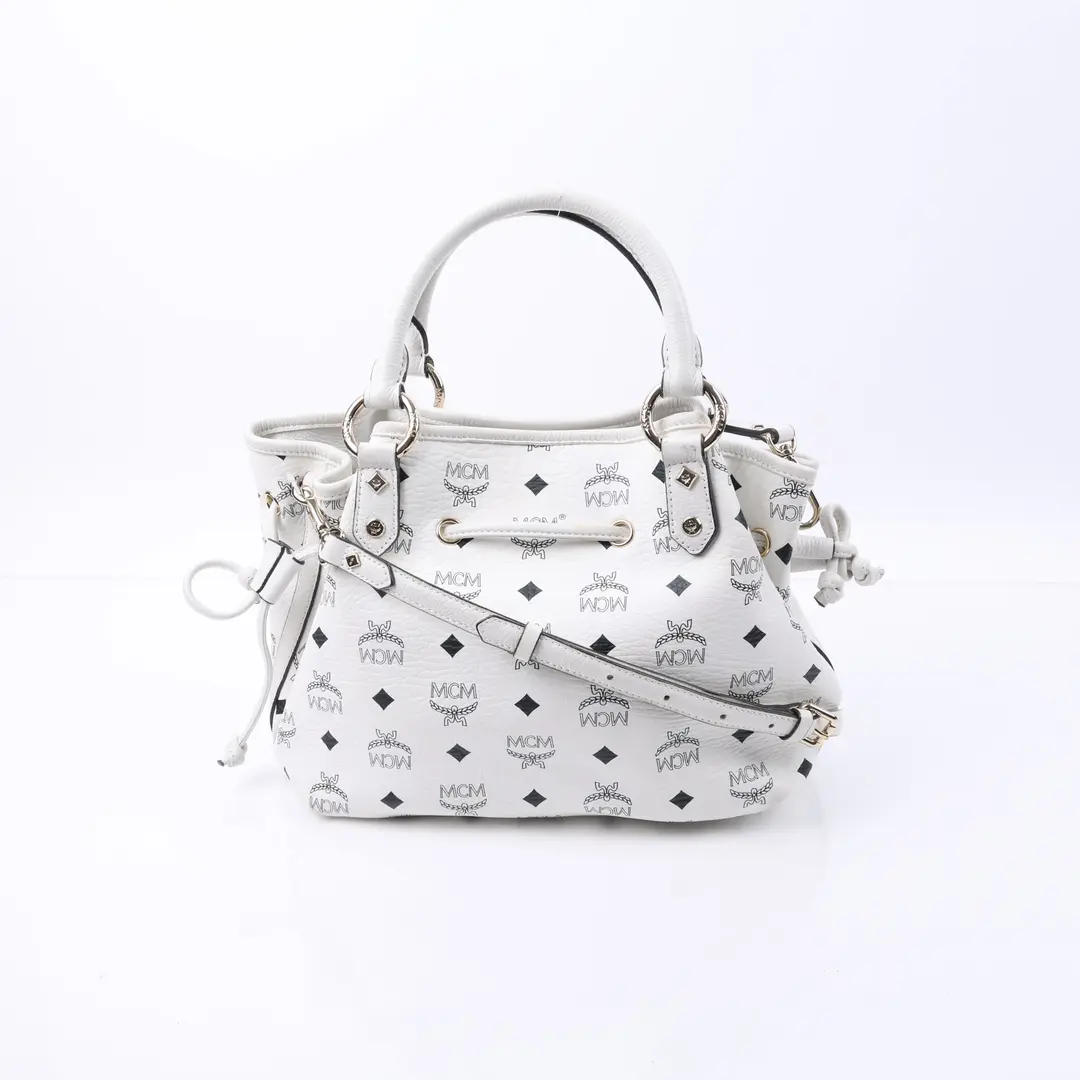 MCM Visetos Drawstring White Canvas Shoulder Bag
