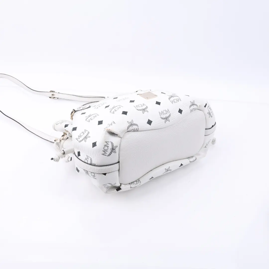 MCM Visetos Drawstring White Canvas Shoulder Bag