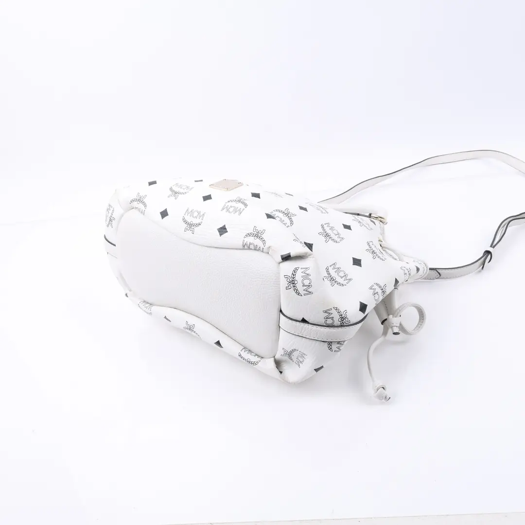 MCM Visetos Drawstring White Canvas Shoulder Bag