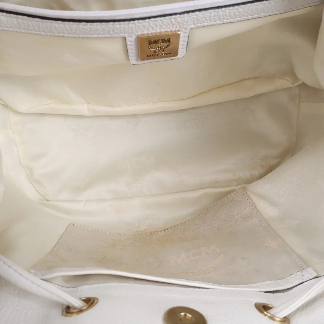 MCM Visetos Drawstring White Canvas Shoulder Bag