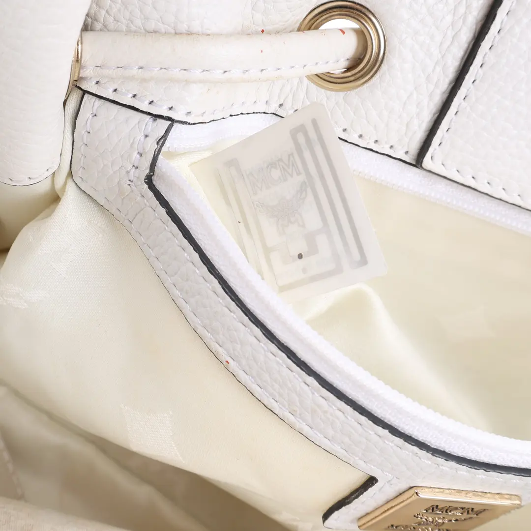MCM Visetos Drawstring White Canvas Shoulder Bag