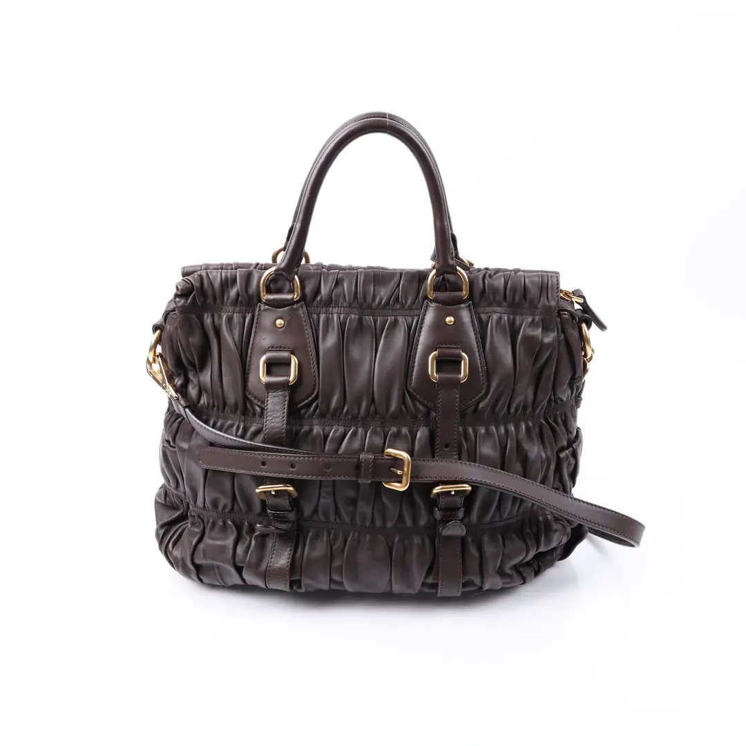 Prada Gaufre Brown Ruched Leather Shoulder Bag