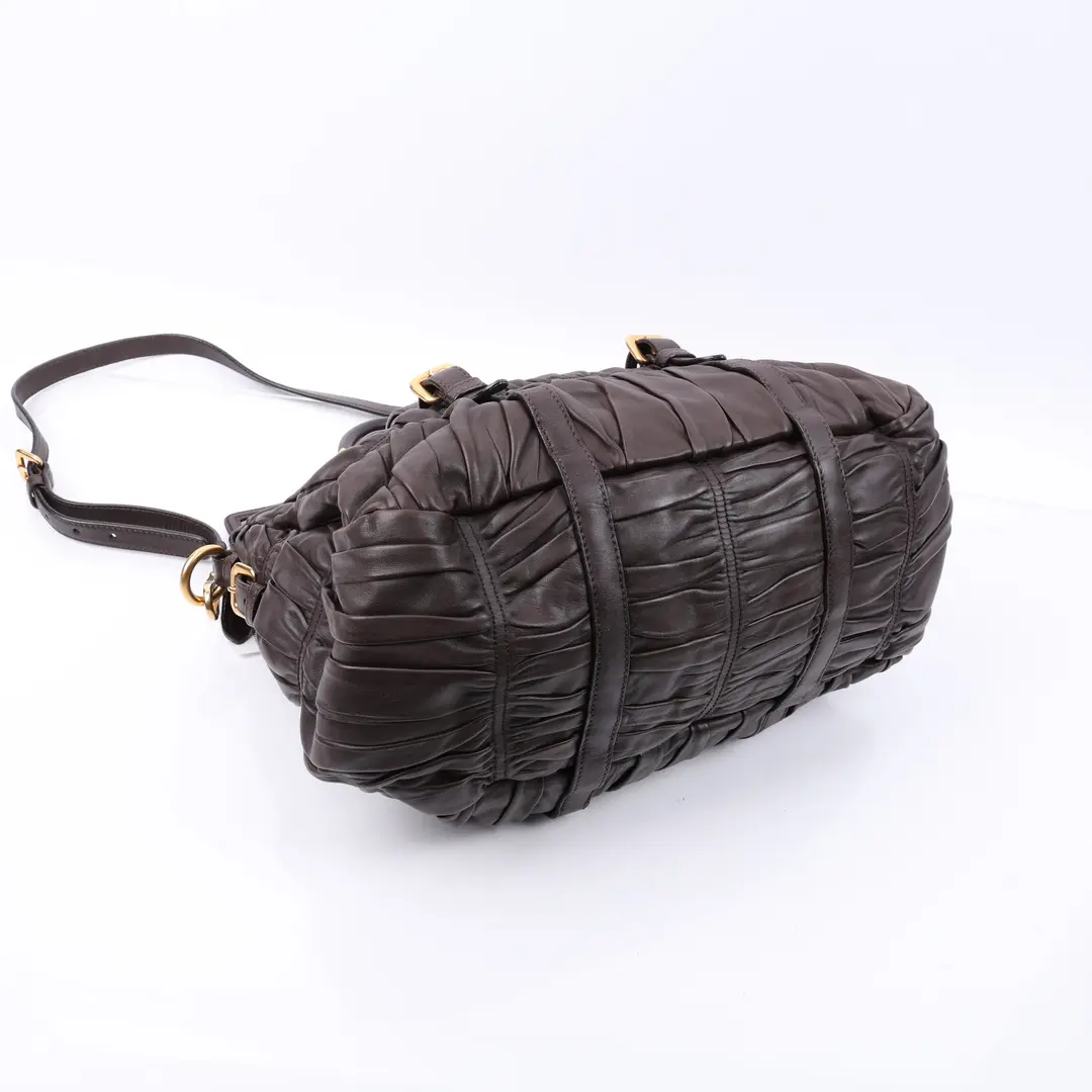 Prada Gaufre Brown Ruched Leather Shoulder Bag