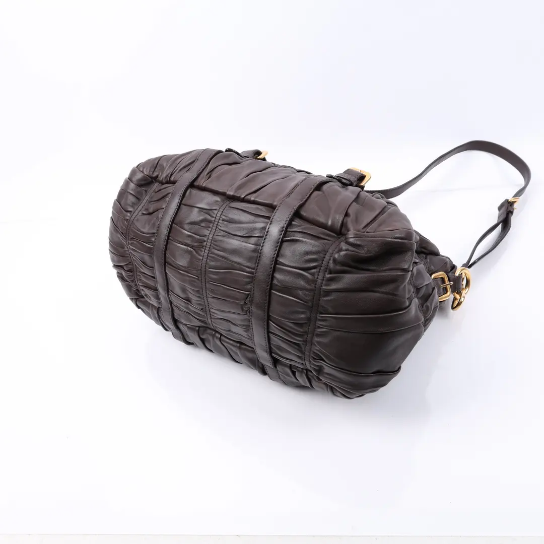 Prada Gaufre Brown Ruched Leather Shoulder Bag