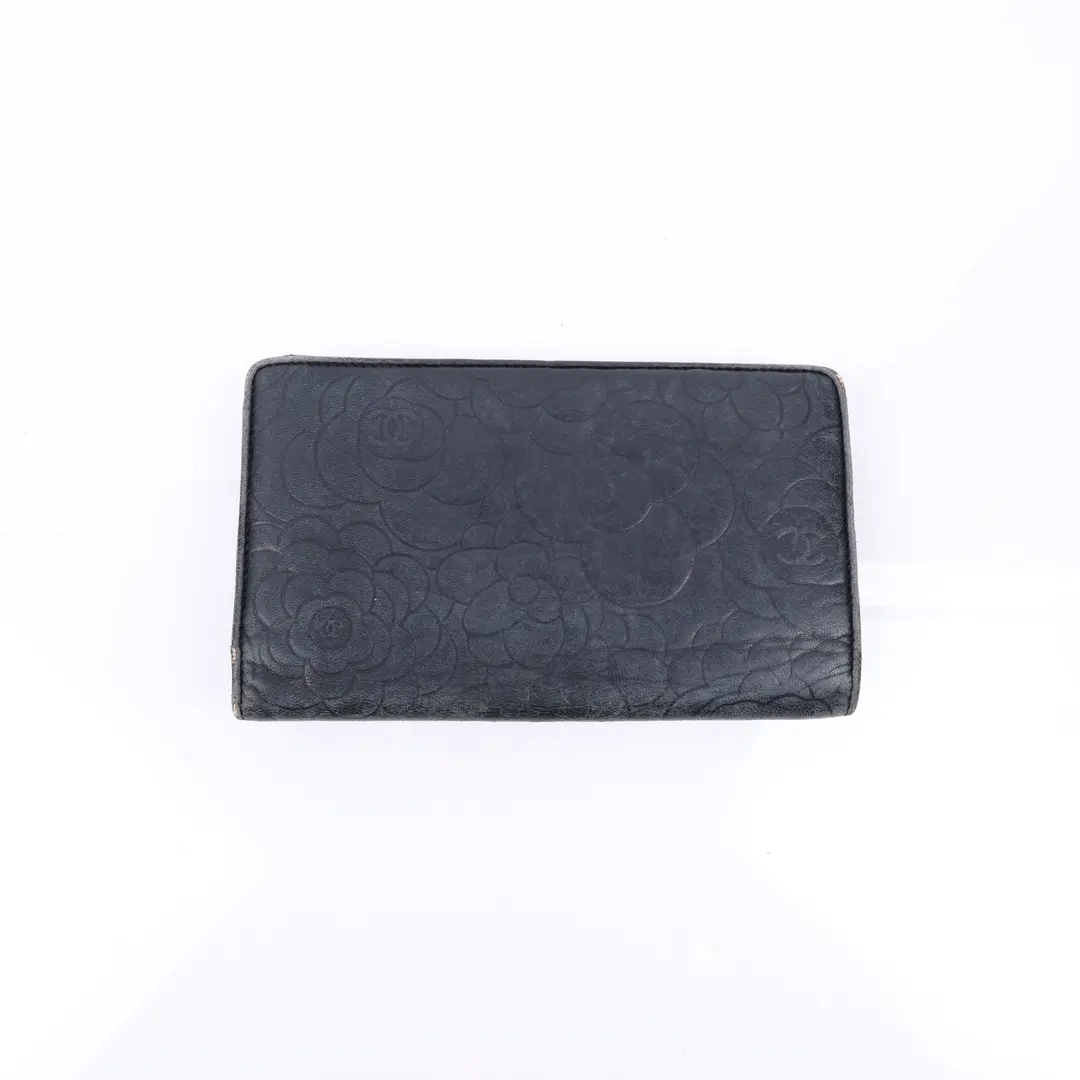 Chanel Camellia Black Leather Long Wallet