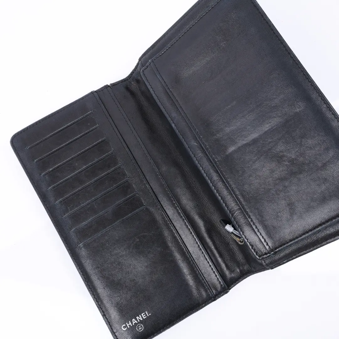 Chanel Camellia Black Leather Long Wallet