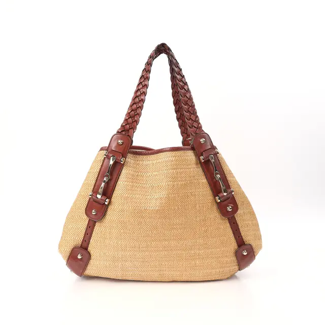 Gucci Horsebit Beige Straw Leather Shoulder Bag