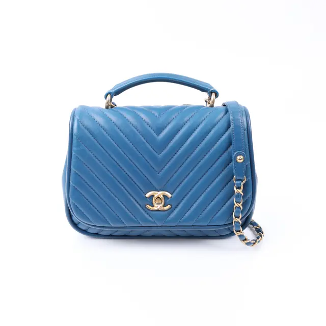 Chanel Chevron Top Handle Blue Leather Shoulder Bag