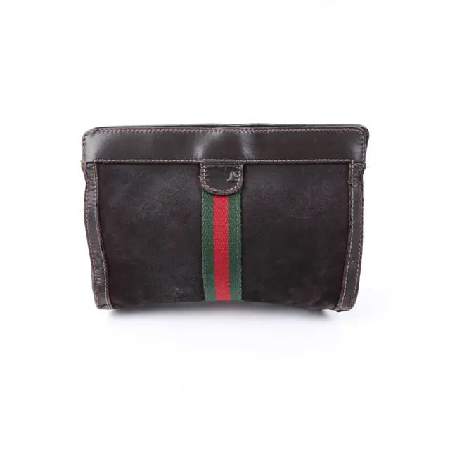 Gucci Web Brown Suede Clutch