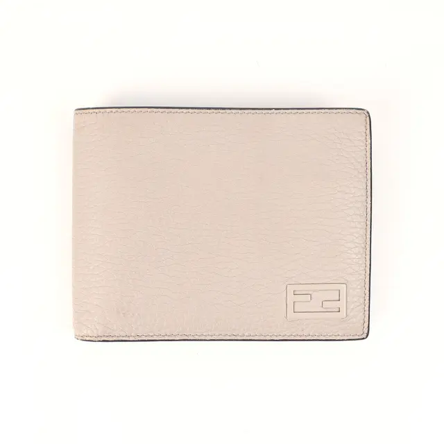 Fendi FF Logo Beige Grained Leather Bifold Wallet
