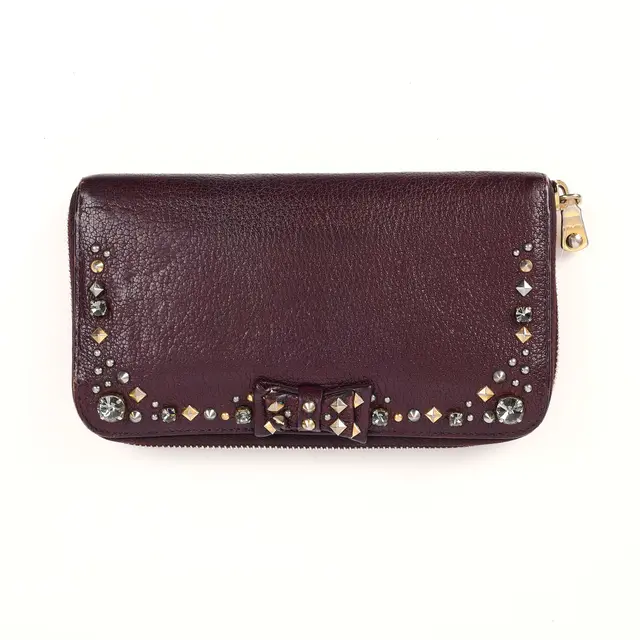 Miu Miu Crystal Studded Bow Burgundy Leather Wallet