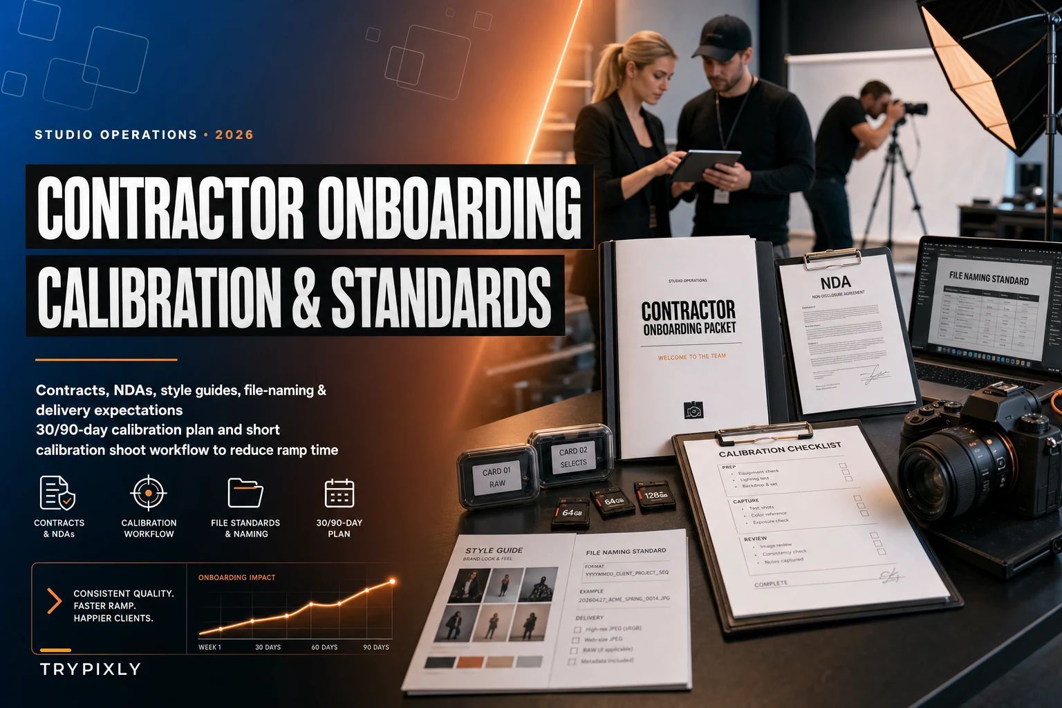 A 30–90 day contractor onboarding packet for studios: contracts, calibration shoots and file standards