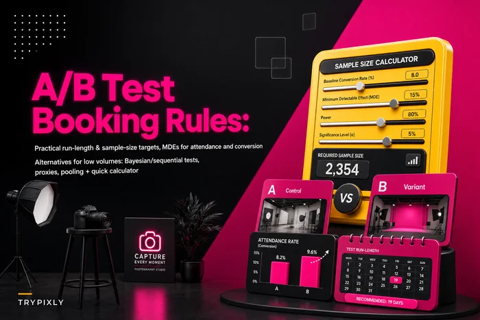 How small studios can A/B test cancellation, deposit and reminder rules (sample-size calculator & run-length playbook)