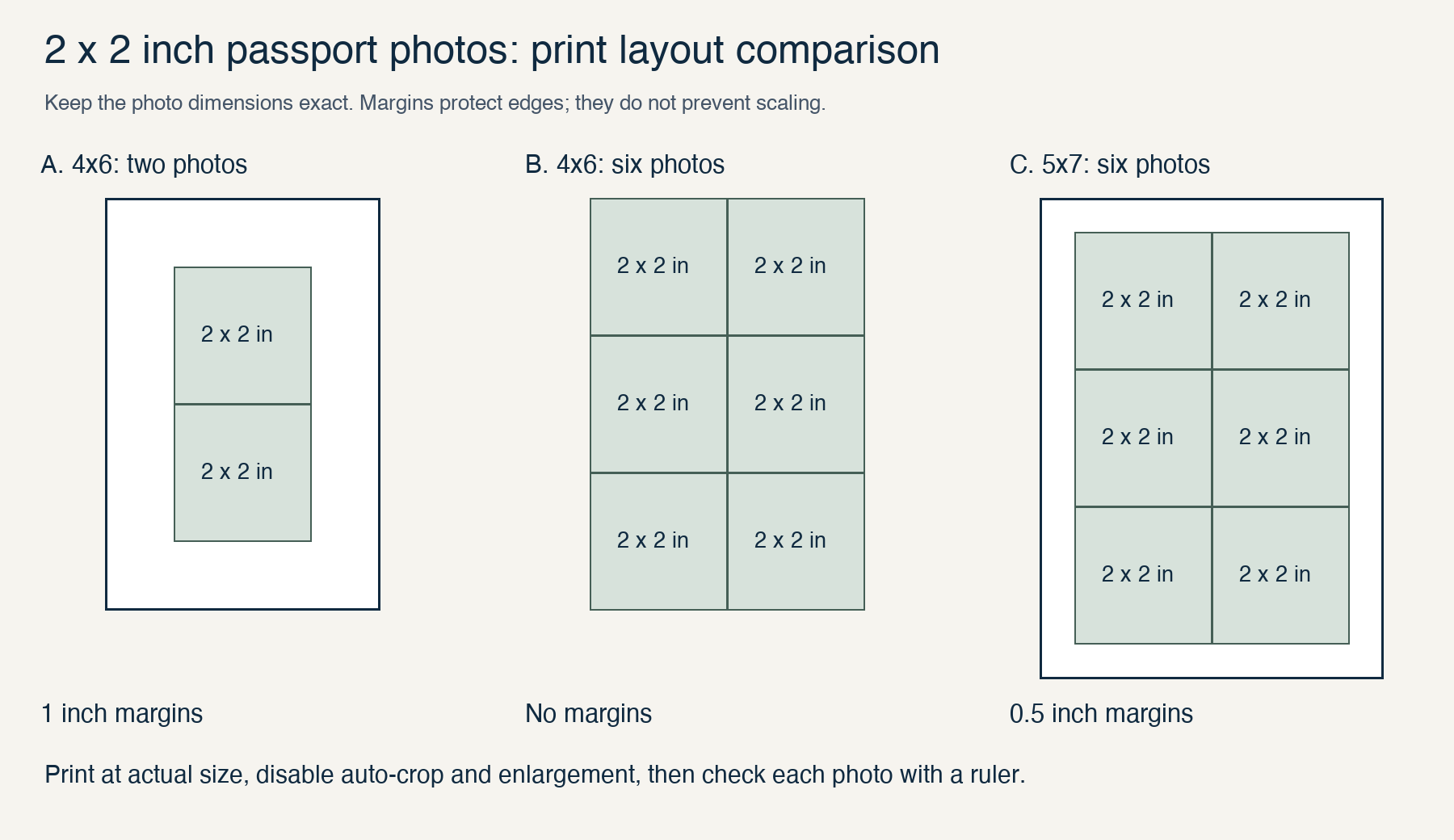 Passfoto-Layouts: zwei Fotos auf 4x6, sechs randlos auf 4x6 und sechs mit Rand auf 5x7