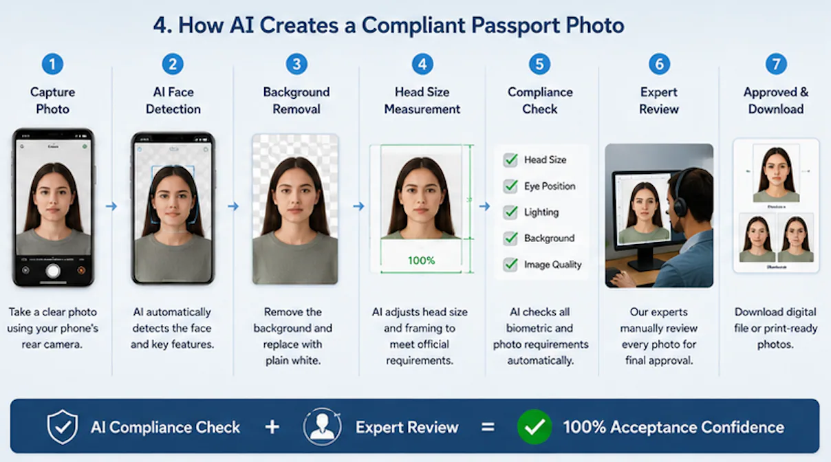 PhotoOmni AI passport photo review workflow
