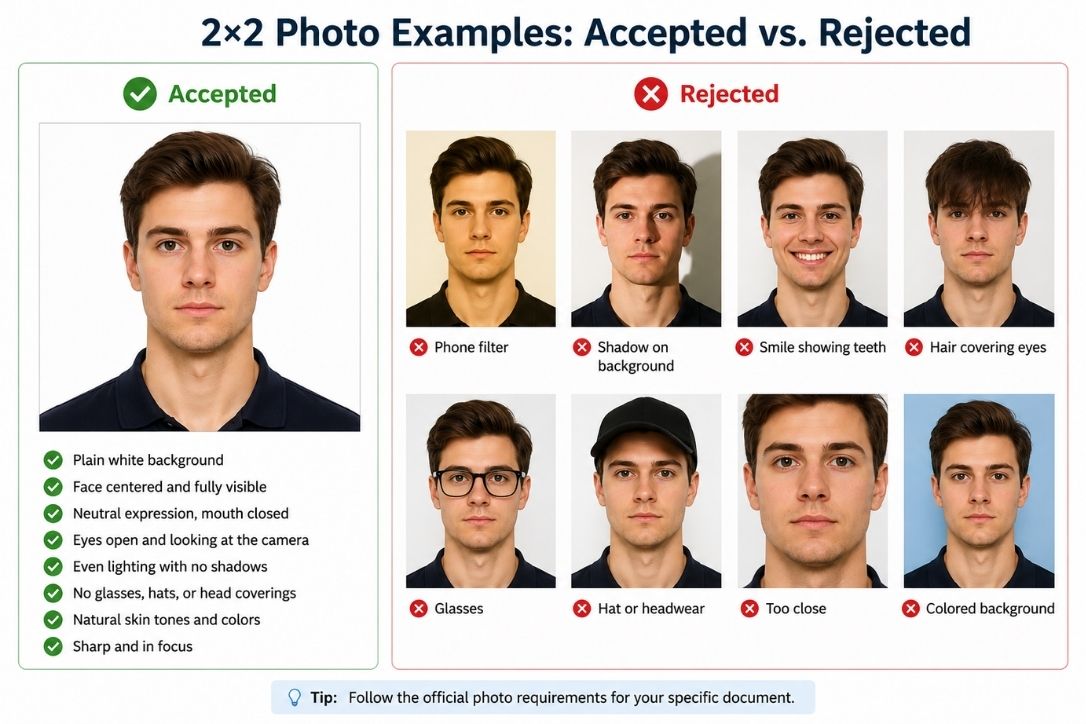Accepted and rejected 2x2 photo examples, showing common framing, background, lighting, and image-quality errors.