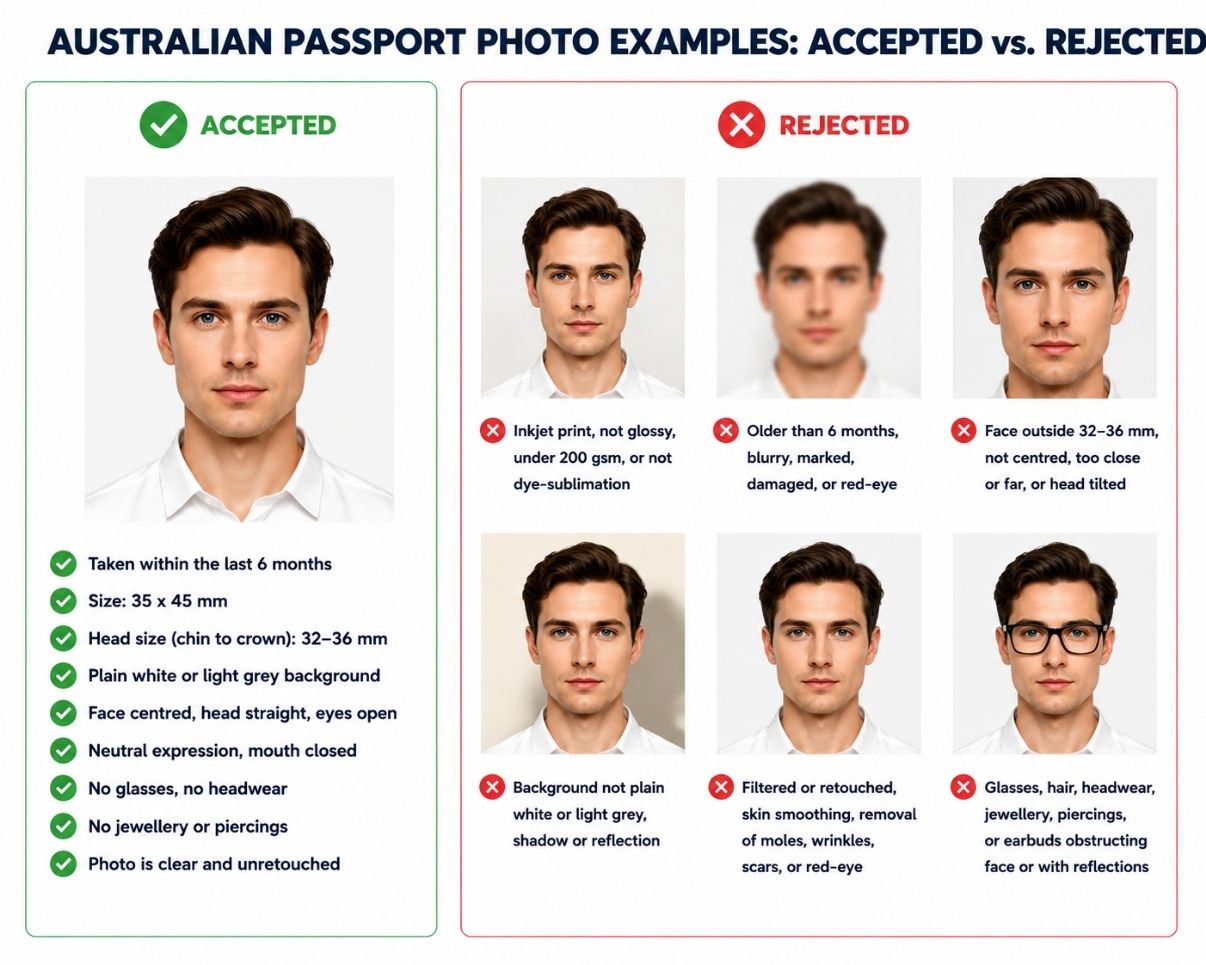 Accepted and rejected Australian passport photo examples, showing common framing, background, lighting, and accessory errors.