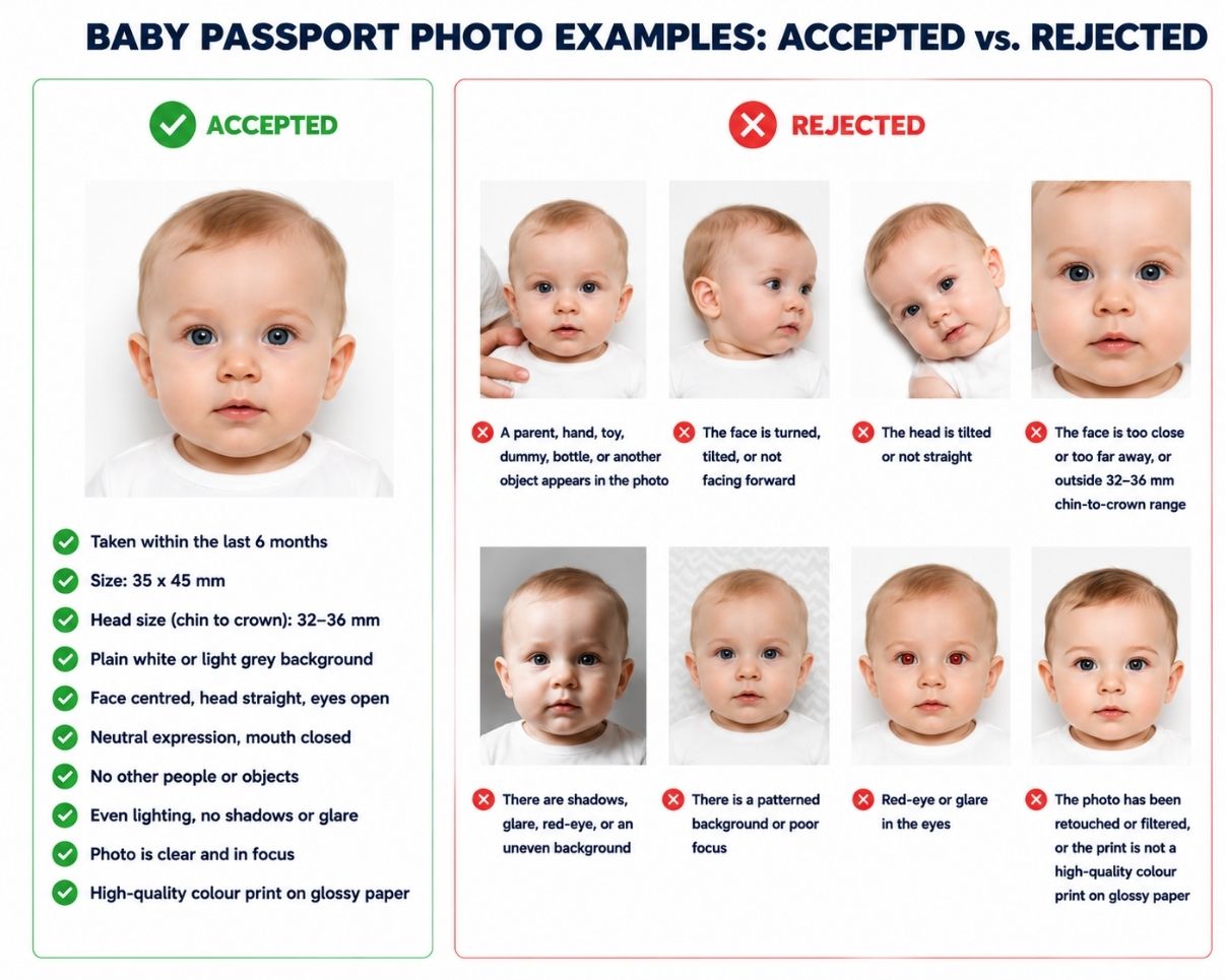 Accepted and rejected Australian baby passport photo examples, showing common framing, background, lighting, and visible-object errors.