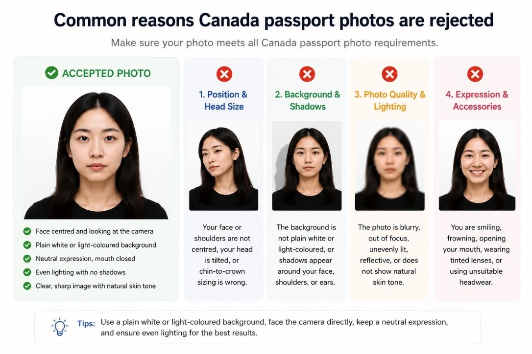 Accepted and rejected Canada passport photo examples, showing common framing, lighting, expression, and background errors.