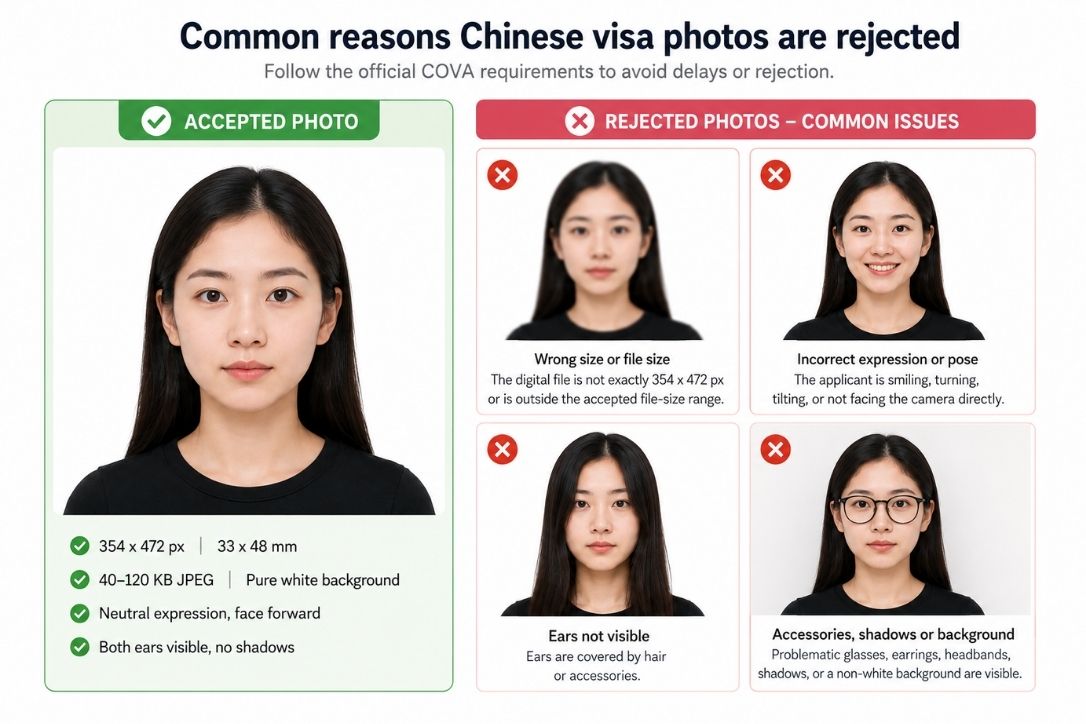 中国签证照片通过与拒收示例，展示 COVA 对构图、表情、配饰和背景的常见问题。
