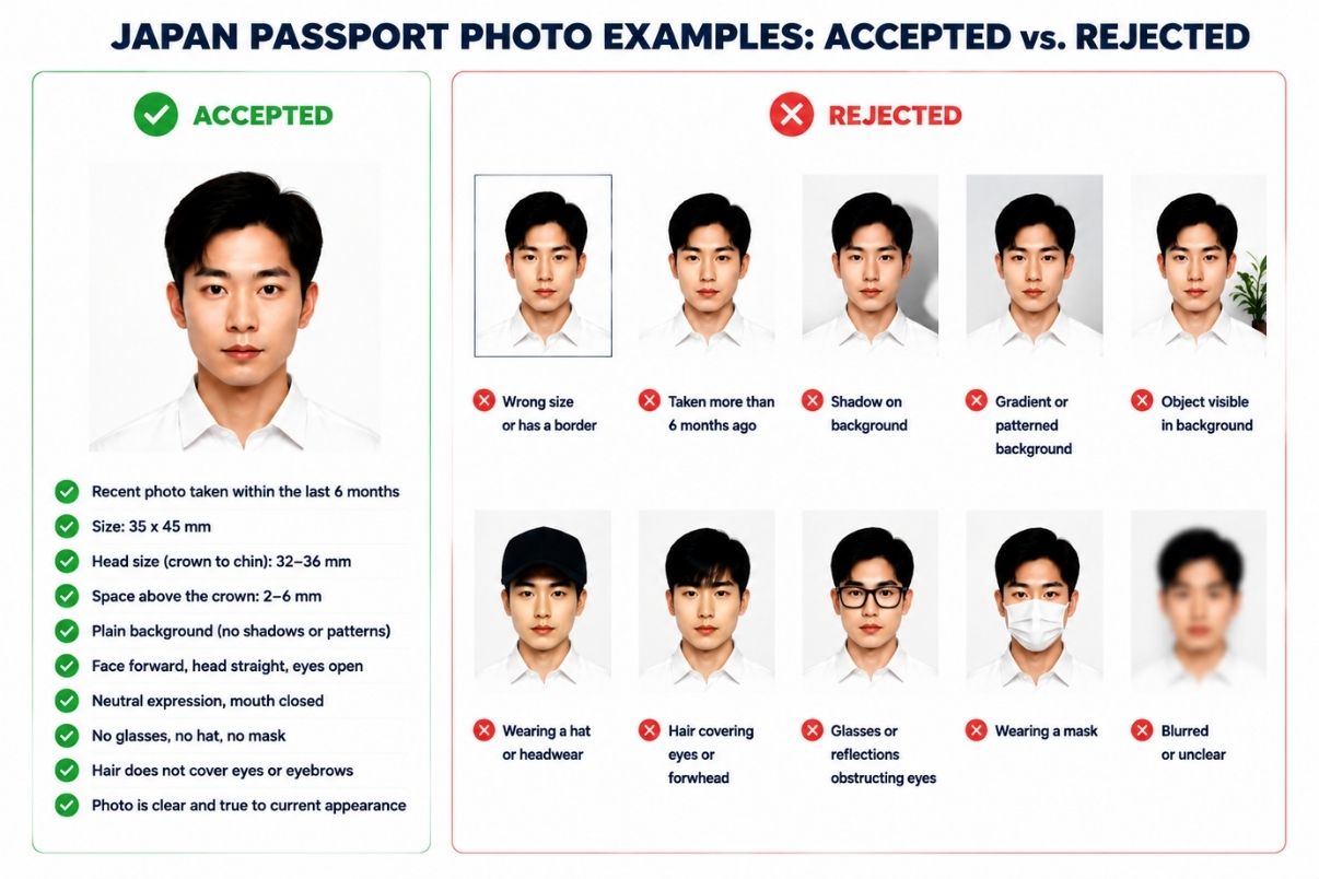Accepted and rejected Japan passport photo examples, showing common sizing, framing, background, and accessory errors.
