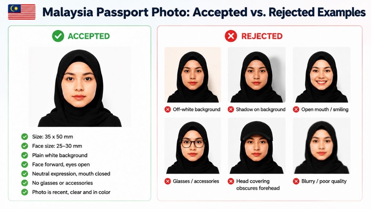 Accepted and rejected Malaysia passport photo examples, showing common sizing, background, framing, and accessory errors.