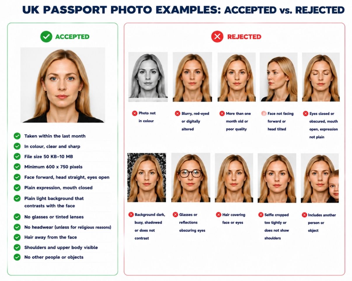 Accepted and rejected UK passport photo examples, showing common framing, background, expression, and image-quality errors.