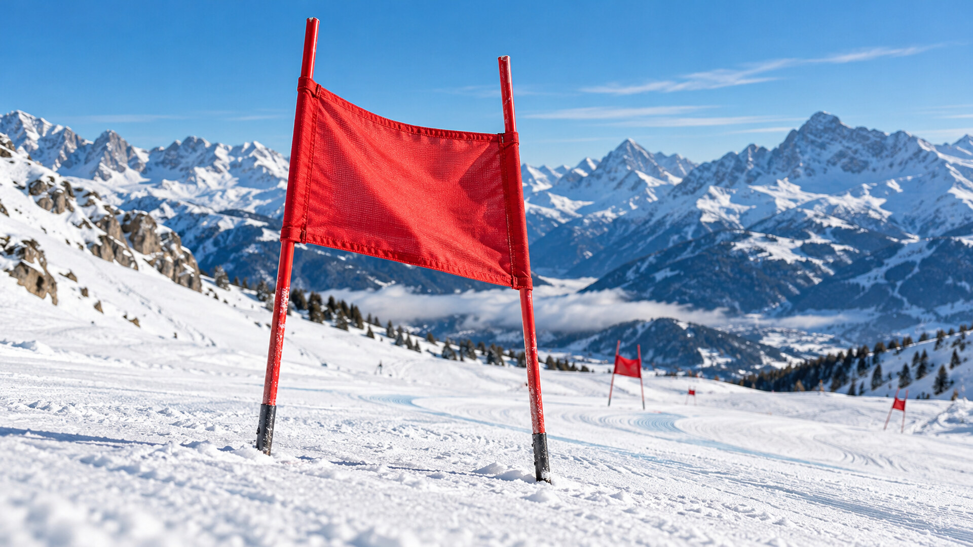 Puerta roja de eslalon gigante en una pista pisada, con cumbres alpinas nevadas bajo un cielo azul