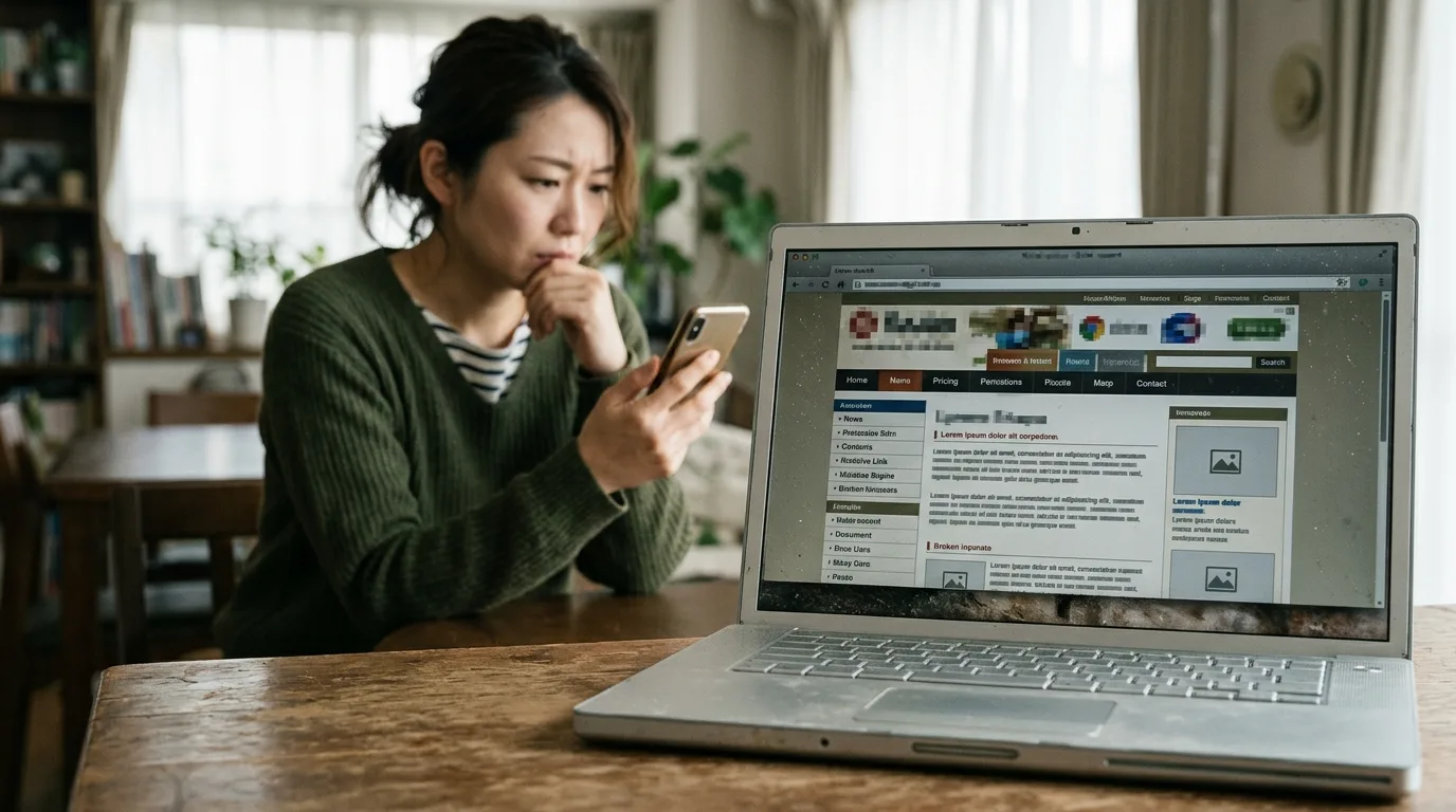 ノートパソコンで古いデザインのチームサイトを見ながら、スマートフォンを手に思案する保護者
