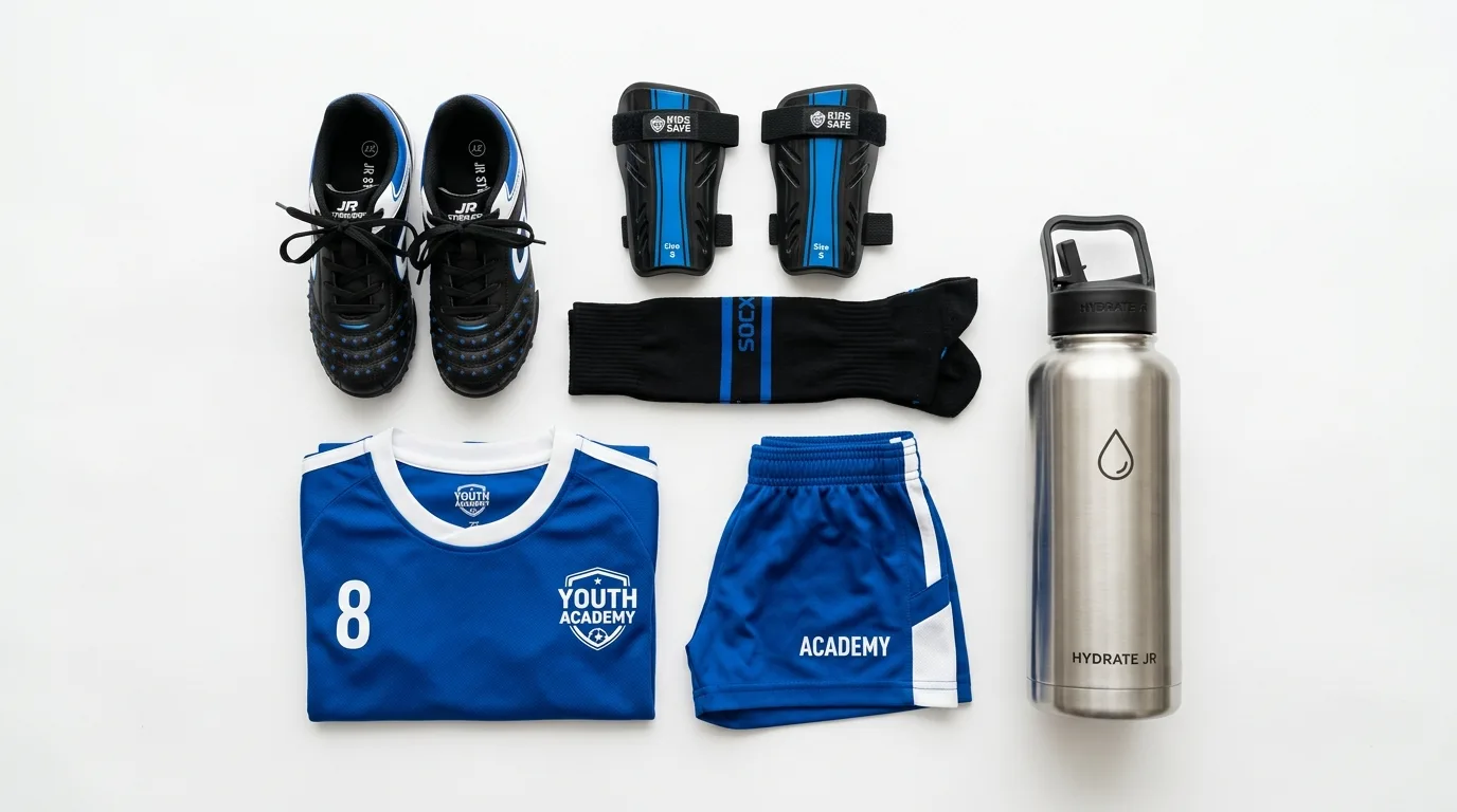 子どものサッカーに必要な用具一式。スパイク、すね当て、ソックス、ユニフォーム、パンツ、水筒