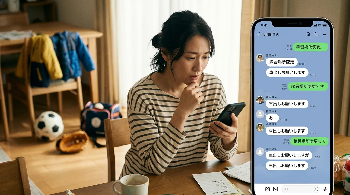 スマートフォンでLINEの連絡網を確認し、返信に困った表情を浮かべる保護者