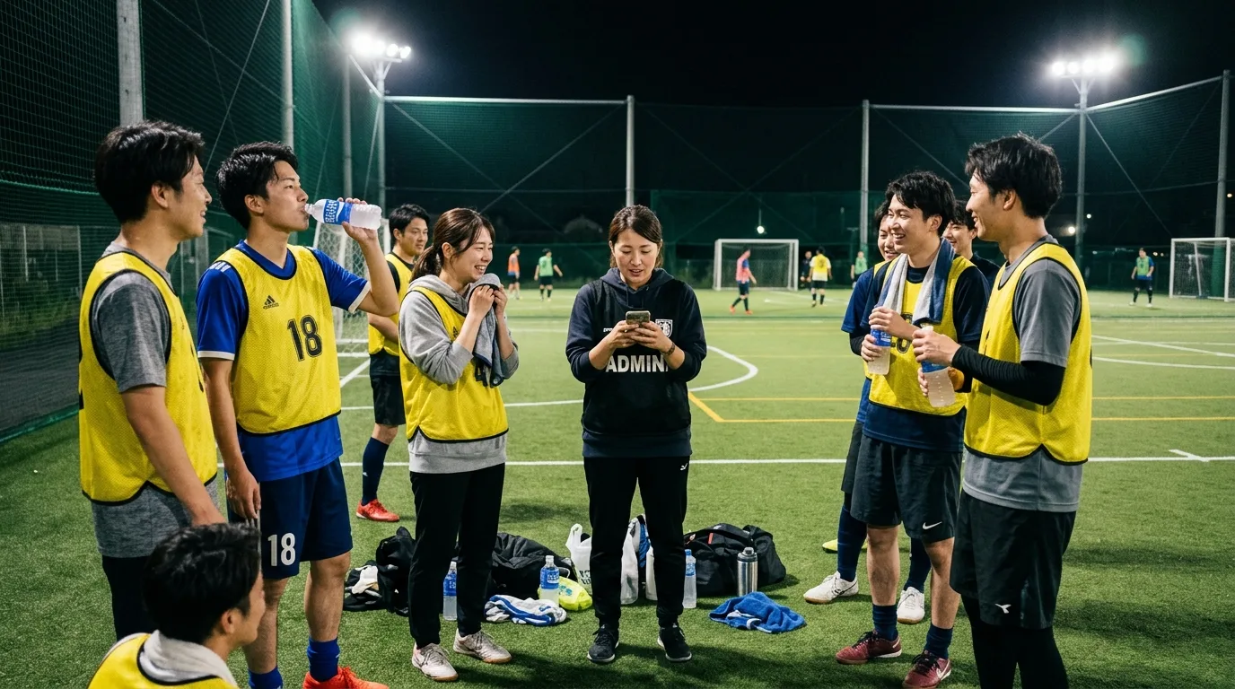ナイターの人工芝コートで個人参加フットサルを楽しむ参加者たち