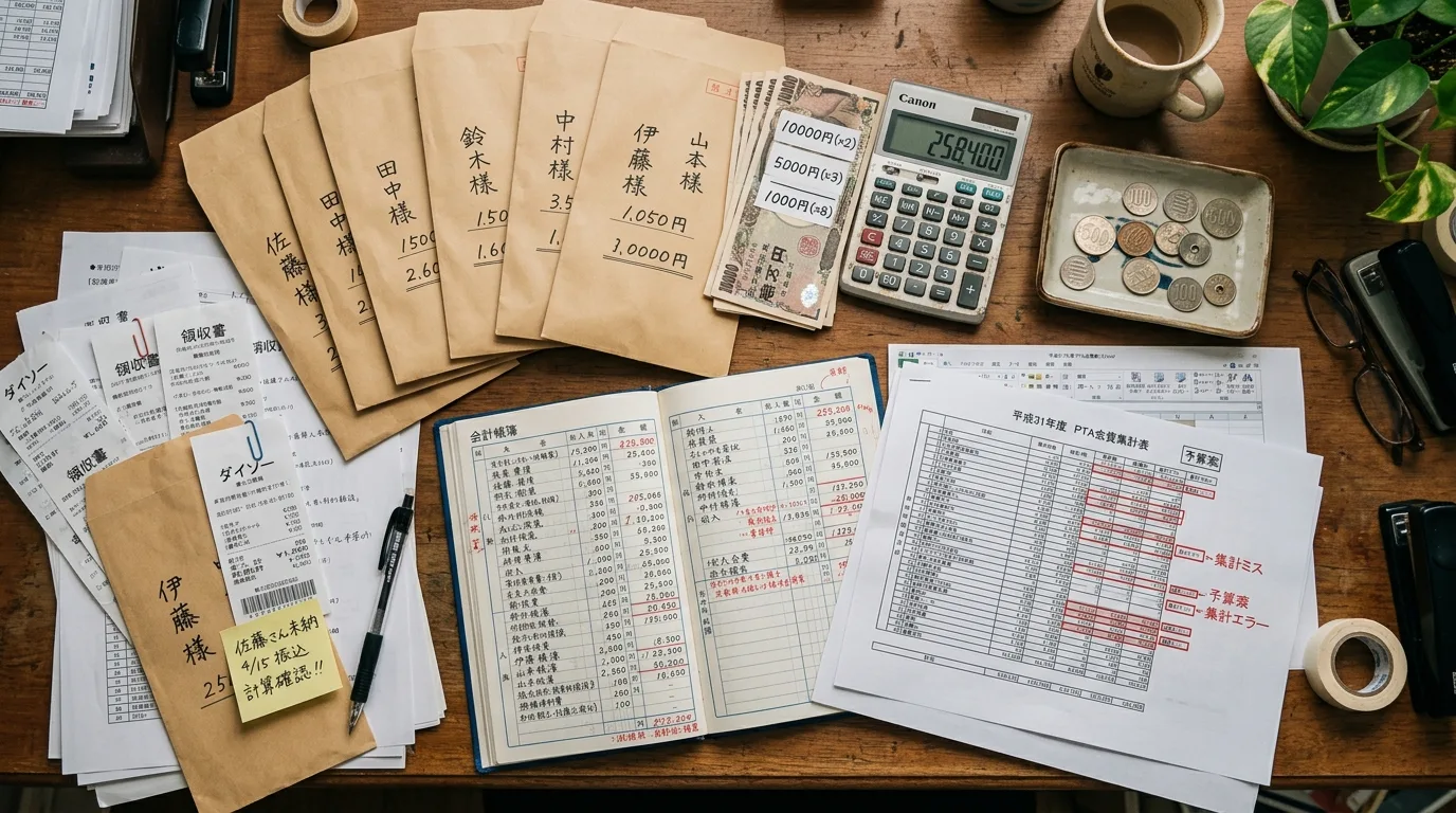 現金の入った集金袋、手書きの会計帳簿、電卓、領収書が並ぶスポーツ少年団の会計作業机