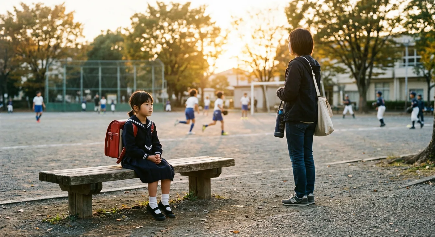 夕方のグラウンドの隅でうつむいて座る小学生とそばに立つ保護者