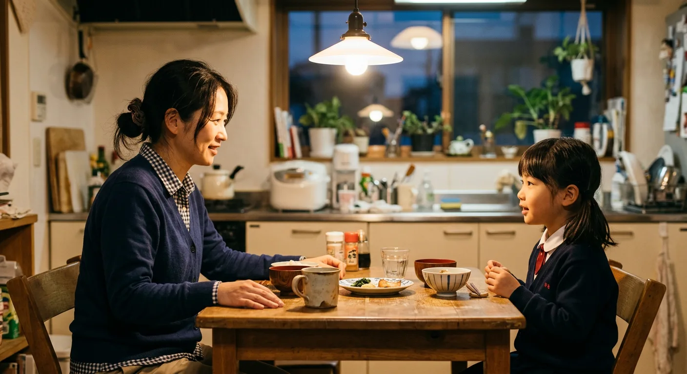 自宅のダイニングテーブルで子どもと向かい合って話す保護者
