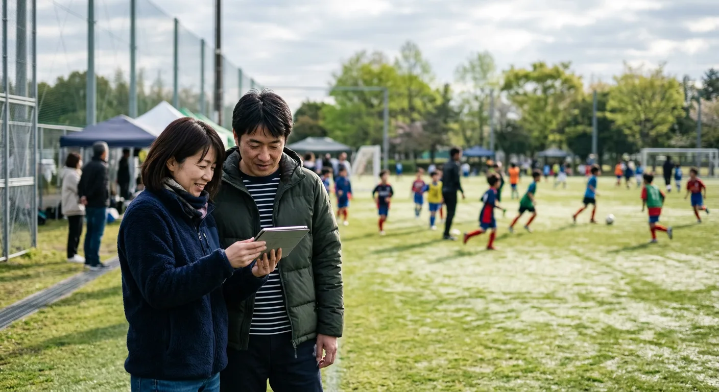 グラウンド脇でタブレットを一緒にのぞき込む二人の保護者