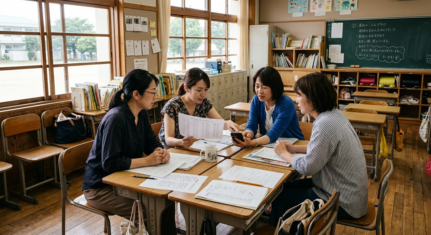 学校の教室で連絡網の名簿を見ながら話し合うPTA役員の保護者たち