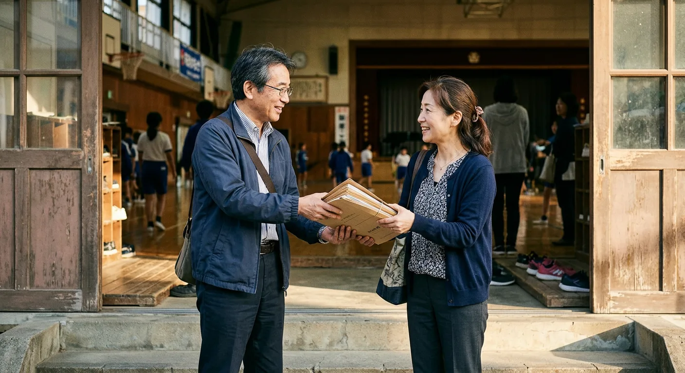 体育館の入口でファイルを受け取る新任の役員と、引き継ぐ前任の保護者