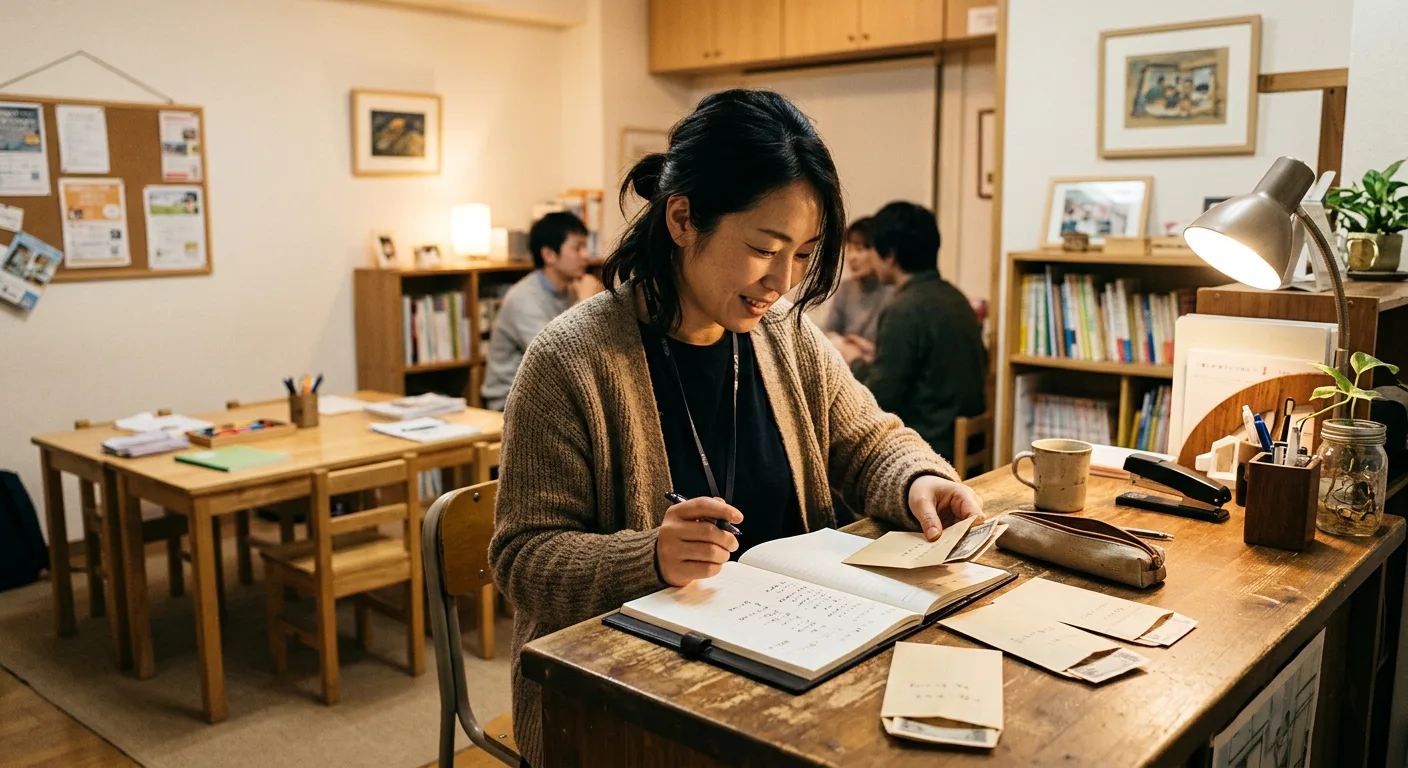 教室の受付カウンターで月謝袋と出席簿を確認する講師