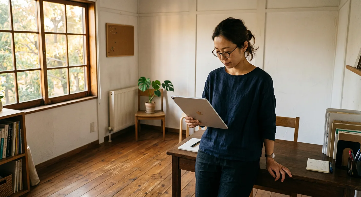小さな教室で受講生の名簿をタブレットで確認する講師