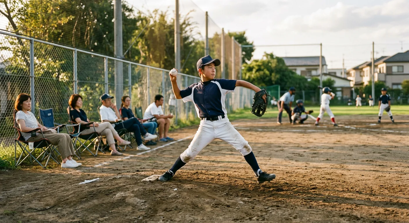 少年野球の試合をベンチ脇から見守る保護者と、マウンドに立つ小学生投手